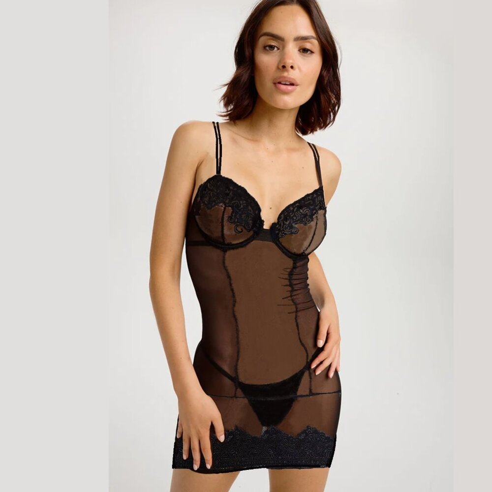BLUSH LINGERIE Embroidered Chemise/Slip and Thong Set Sz L Black